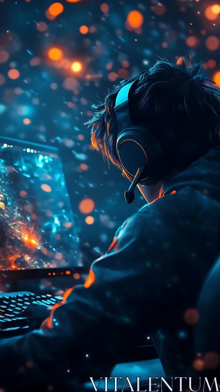 Focused gamer at PC in neon blue and orange glow.
