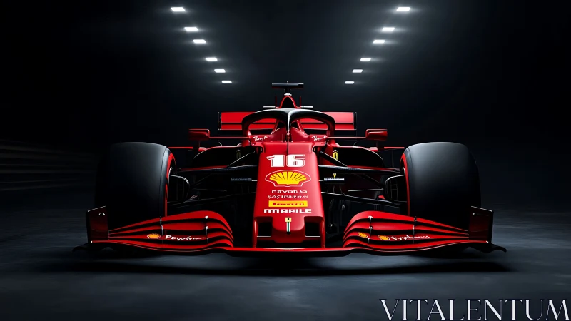 Front-on red Formula 1 race car under tunnel strip lighting