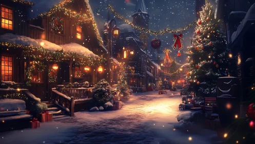 Snowlit Christmas village street with glowing festive lights.