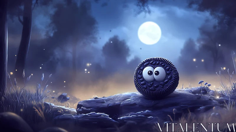 Cookie-eyed moonlit wanderer resting in a quiet forest.