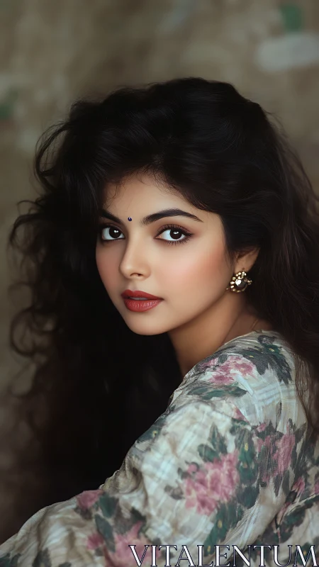 Calm portrait of woman in floral patterned traditional dress.