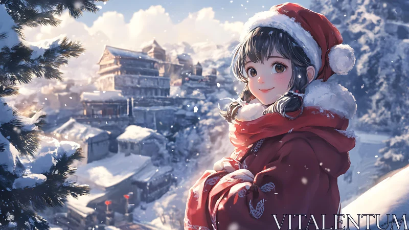 Anime winter portrait with festive village depth of field.