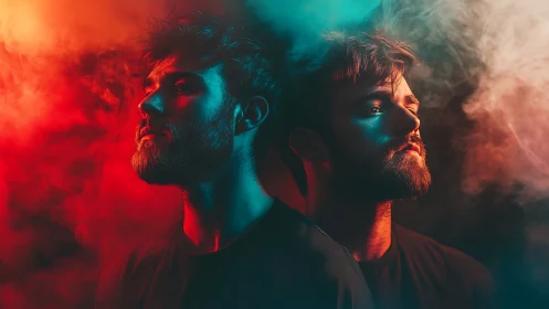 Dual-angled bearded portrait in vivid red and teal haze.