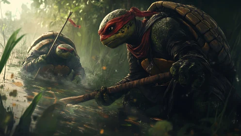 Armored mutant turtles stalking prey in misty swamp.
