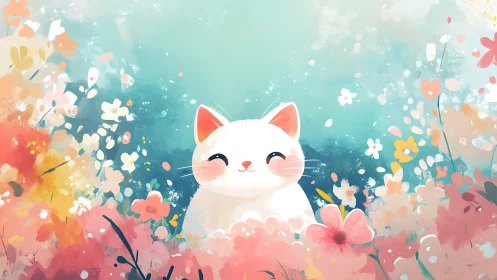 Blissful White Cat Smiling Among Wildflower Dreams.