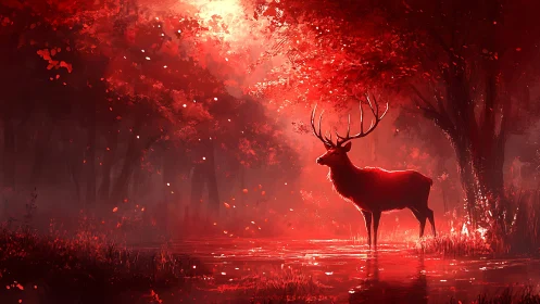 Majestic stag stands in a glowing crimson enchanted forest