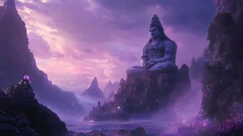 Monumental Shiva statue anchors ethereal violet mountain temple