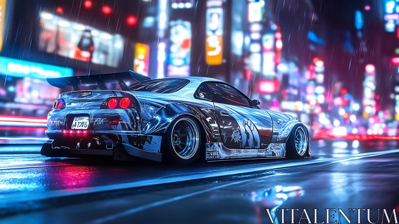 Chromed tuner car under neon rain showcases reflective bodywork