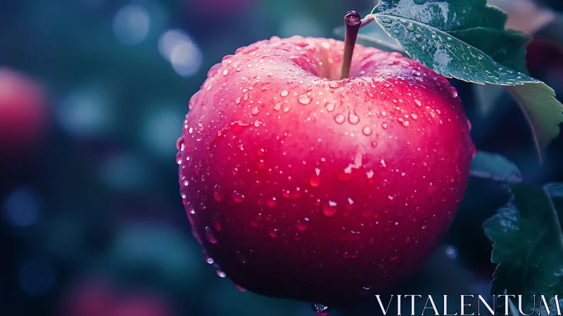 Macro study of dew-covered red apple with cool bokeh tones.