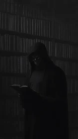 Hooded library guardian explores a mysterious dark tome.
