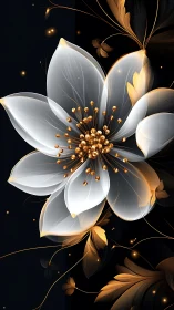 Golden white blossom rendered with luminous digital filaments.