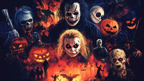 Dense collage of stylized horror masks amid high-contrast fiery Halloween ambience