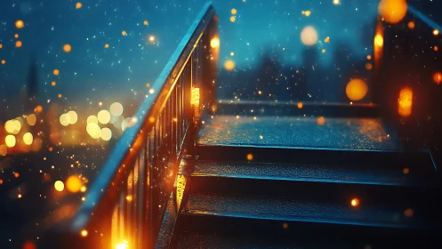 Rain soaked steel stairway with glowing bokeh city lights
