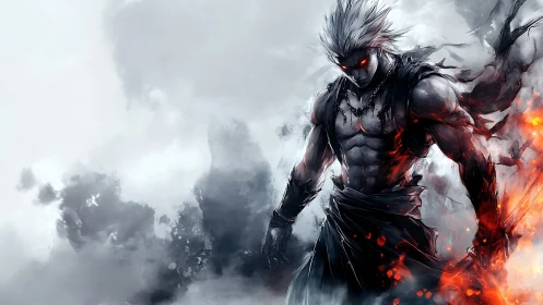 Fury-wreathed warrior emerging through stormed ash clouds.