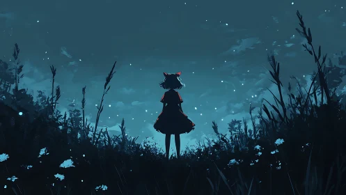 Solitary girl in glowing midnight meadow under starry sky.