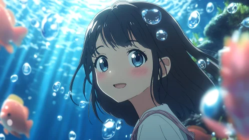 Smiling anime girl swims underwater among bubbles and fish
