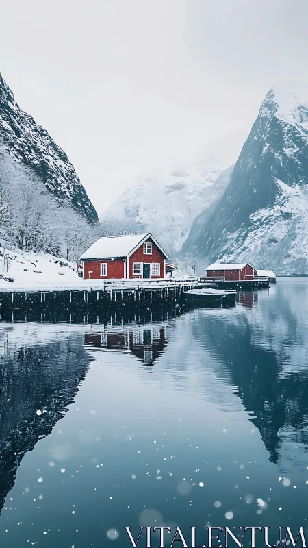 Red cabins by snowy fjord surrounded by steep mountains.