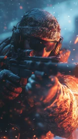 Photorealistic tactical sniper portrait in arctic combat lighting.