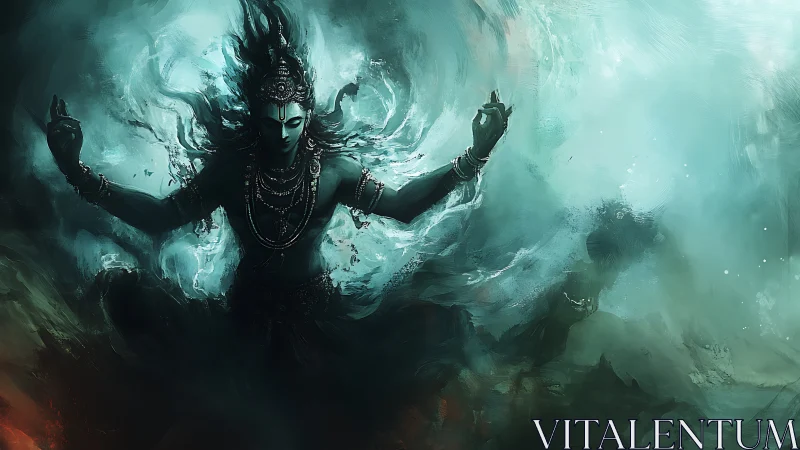 Serene cosmic deity resting within swirling teal mists.