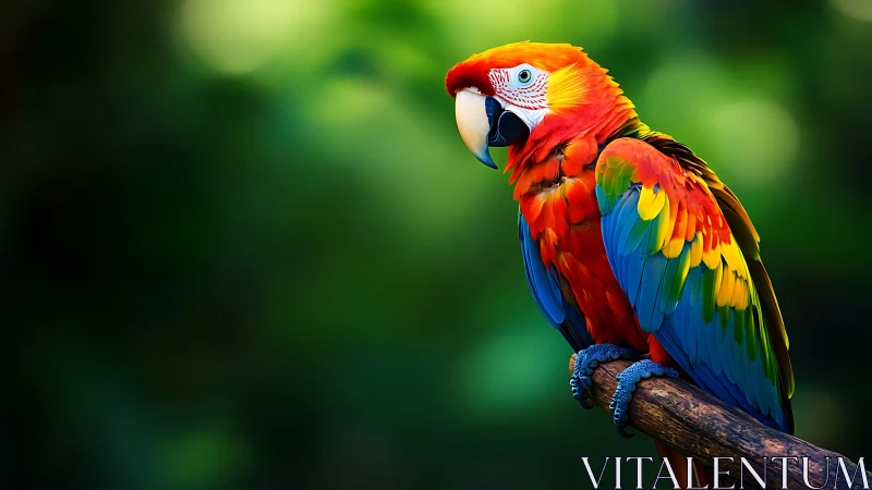 Vibrant Scarlet Macaw on Branch with Lush Green Background.