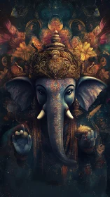 Ornate elephant deity portrait with luminous floral crown