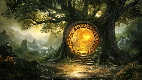 Ancient forest portal glowing within an enchanted tree trunk.