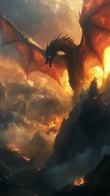 Fire dragon dominating volcanic sky over burning peaks.