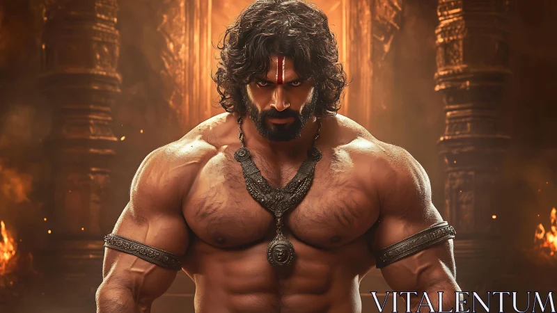 Temple-forged warrior god flexing in molten dusk light.