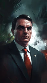 Formal suited man stands before smoky, abstract backdrop