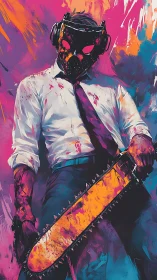 Masked antihero stands bold in neon chaos and color.