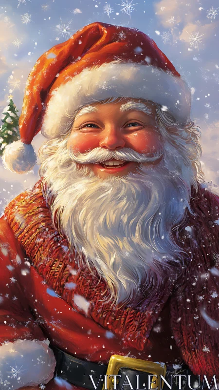 Santa figure in red winter clothing amid falling snow.