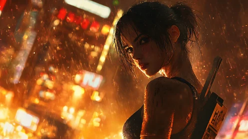 Lone cyberpunk heroine stands defiant in neon city rain