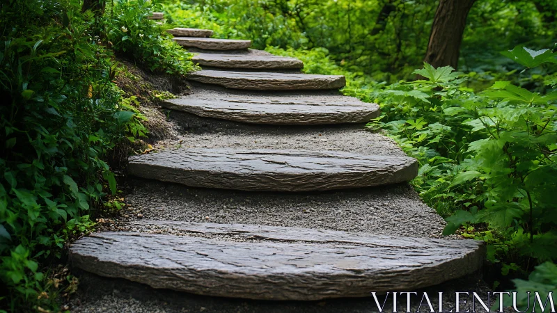 Stone garden steps rise through dense green vegetation