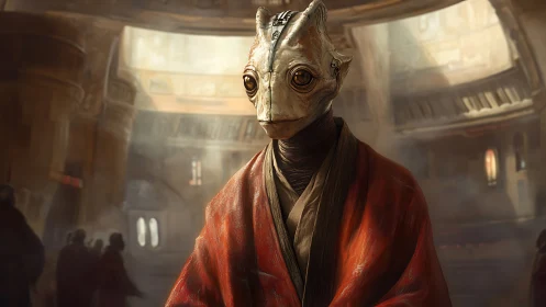Digital painting of robed alien dignitary in vaulted hall.