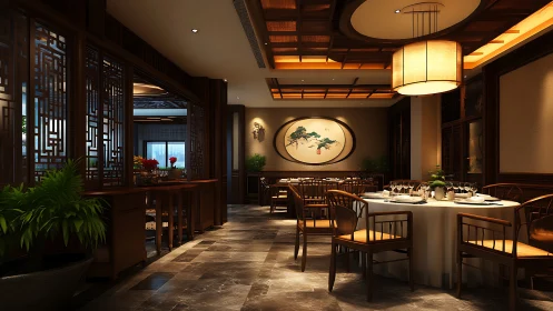 Modern Chinese restaurant dining room with warm lighting.