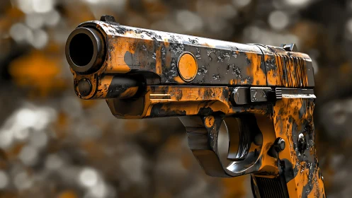 Battle-scarred orange pistol gleams in blurred bokeh haze.