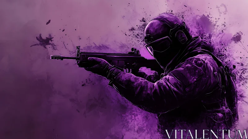 Tactical shooter silhouette with assault rifle on purple splatter
