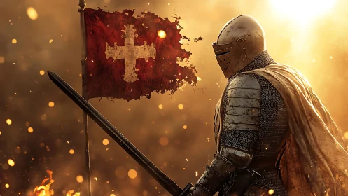 Sunlit crusader knight beside tattered cross banner at dusk.