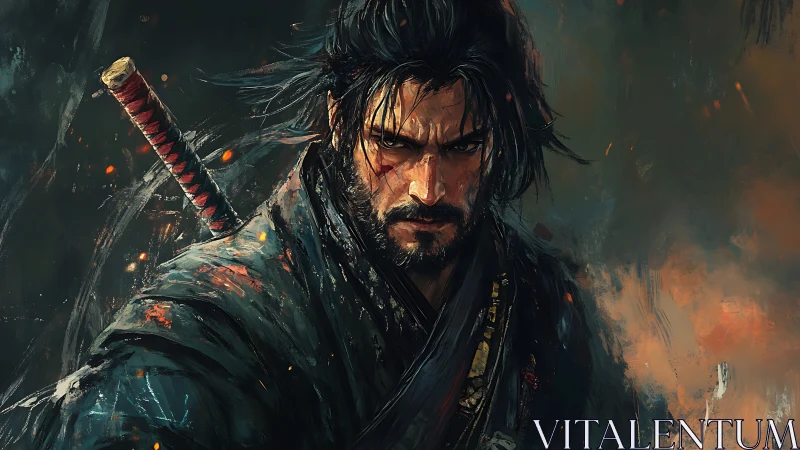 Battle-worn samurai stands in swirling embers and shadowed smoke