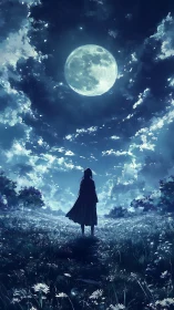 Lone cloaked figure under luminous full moon sky.