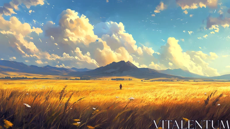 Golden meadow walk beneath towering summer clouds.