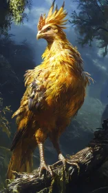 Golden feathered bird stands on branch in dense forest