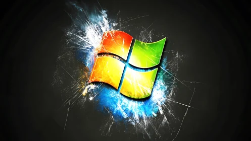 Glowing window logo bursting with bright digital energy.