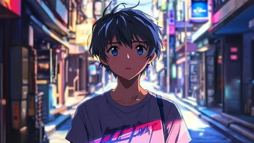 Neon cityside youth in contemplative twilight glow.