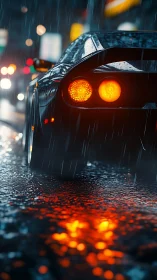 Sports car taillights glowing on wet city street at night.