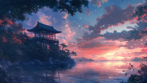 Lakeside pavilion beneath clouds at sunset over distant city.