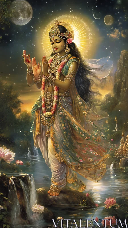 Moonlit river crowns a serene celestial goddess in gold