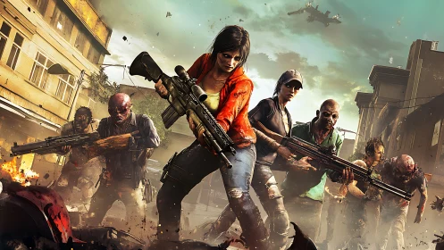 Dynamic urban zombie assault with armed survivors, digital painting.