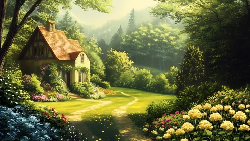 Sunlit cottage nestles in lush woodland flower garden.