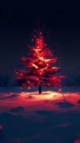 Digital painting of illuminated winter fir with dramatic contrast.
